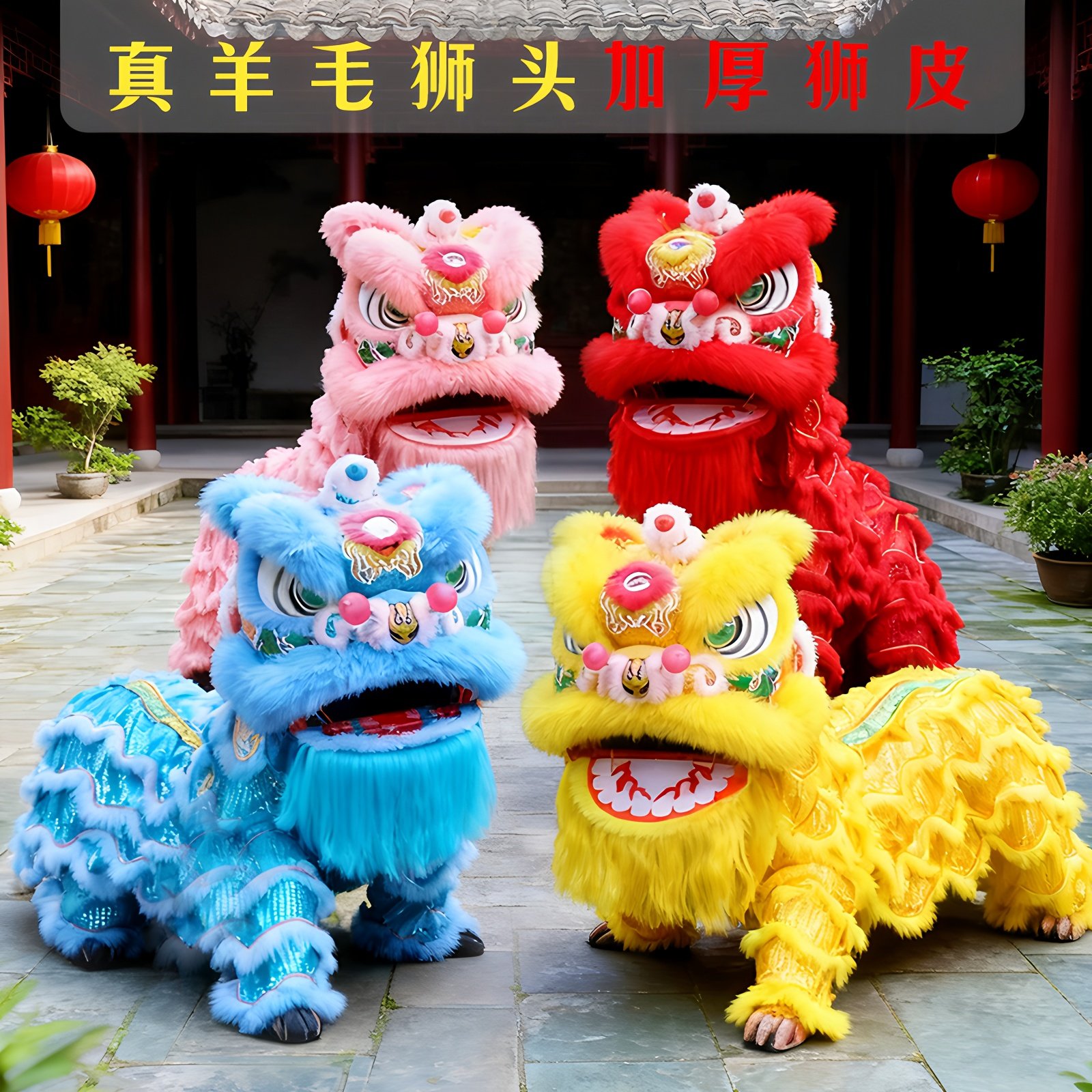 竹编佛山醒狮】羊毛舞狮全套成人狮子头整套南舞龙舞狮道具双人-淘宝