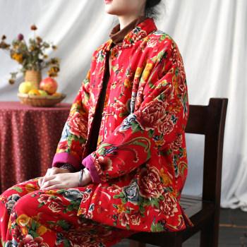 New Chinese Style Women's Clothing Original Northeastern Large Floral Thickened Warm Cotton Coat Retro Nostalgic Loose Winter Buttoned Cotton Jacket