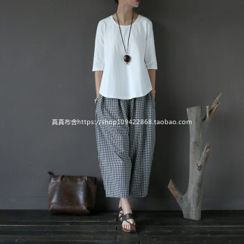 Summer New Women's Tops Versatile Loose Casual Artistic Knitted Cotton Simple Mid-Sleeve Five-Quarter Sleeve T-Shirt