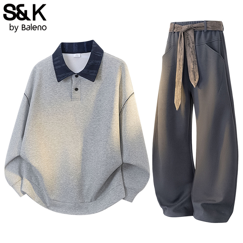 Baleno Baleno Brand Washed Color-Blocked Sleeve Line Polo Collar Sweatshirt Casual Pants Spring and Autumn Sports Suit for Men