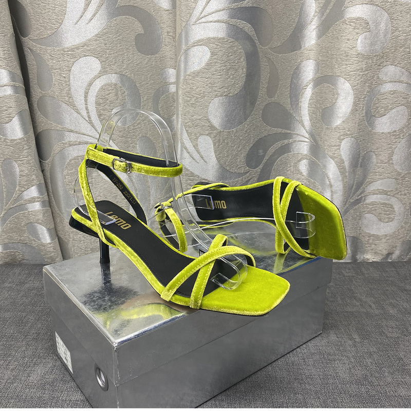Don’T Play with Vacation! New Summer French High-Heeled One-Strap Women’S Elegant Sandals Genuine Leather Silk Velvet Square Toe