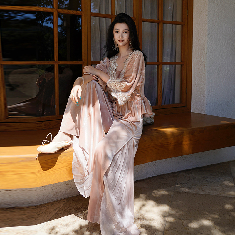 Chengyu Haute Couture【Jade Beauty】New Chinese-Style Lace Velvet Top with a Draped Neckline, Camisole, and Wide-Leg Pants Three-Piece Set