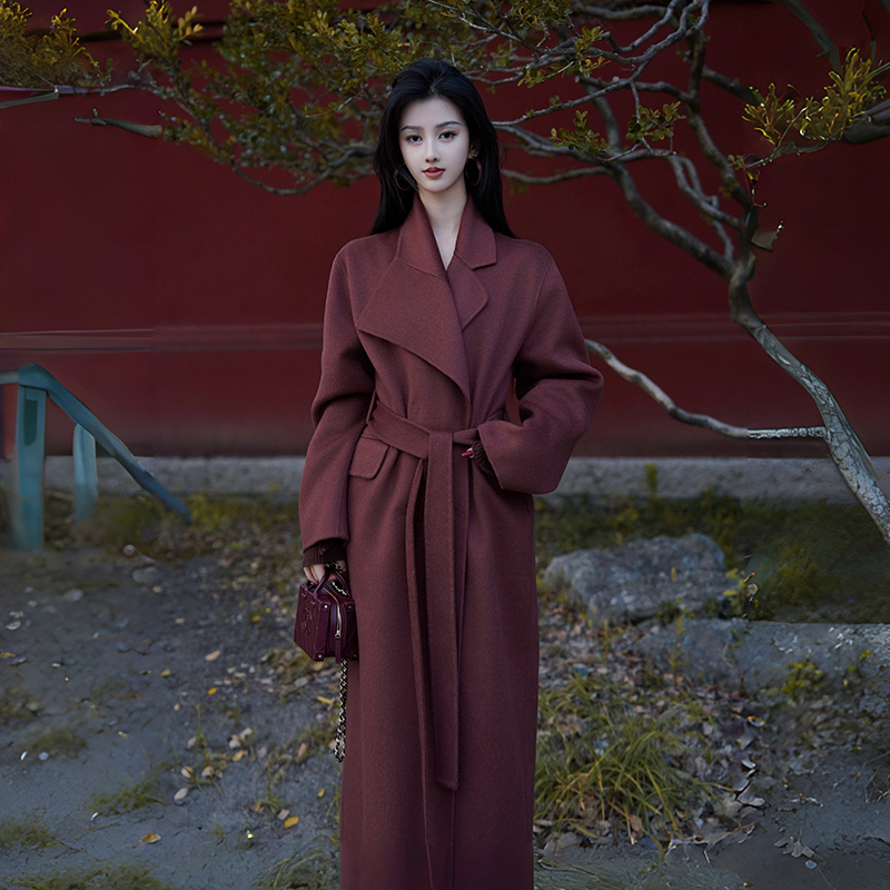 Chengyu Haute Couture【Royal Horse】New Chinese Style Royal Cinnabar Red Brown Top with Baby Alpaca Wool Lace-Up Coat Chengyu Haute Couture【Royal Horse】New Chinese Style Royal Cinnabar Red Brown Top with Baby Alpaca Wool Lace-Up Coat