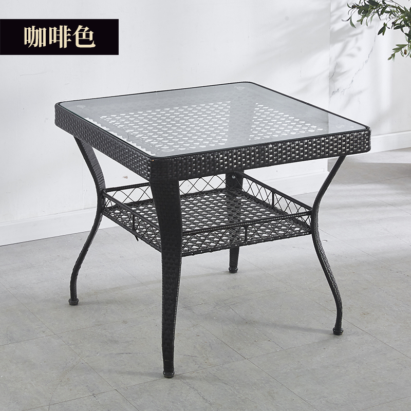 Simple Storage Balcony Square Coffee Table, Outdoor Tea House Tempered Glass Storage Small Coffee Table, Handmade Rattan-Resistant Square Table