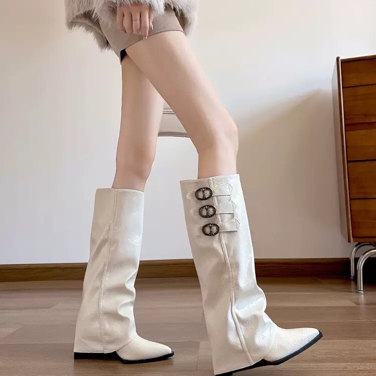 White Pointed-Toe Height-Increasing Boots for Women, Vintage Belt Buckle Long Boots, Wedge-Heeled Riding Boots, White Long Boots