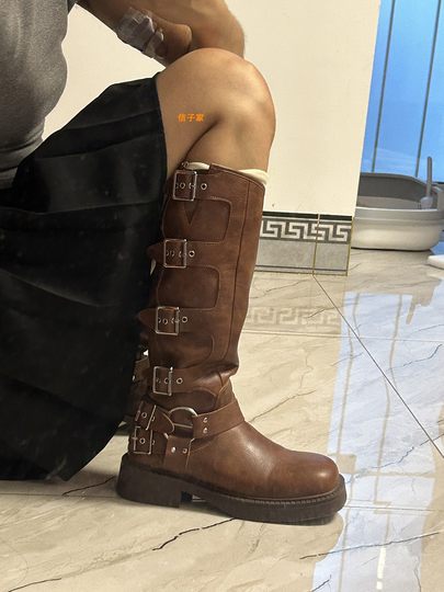 佶子家阿希哥miu家真皮高筒靴方头套筒骑士靴女棕色西部牛仔靴子