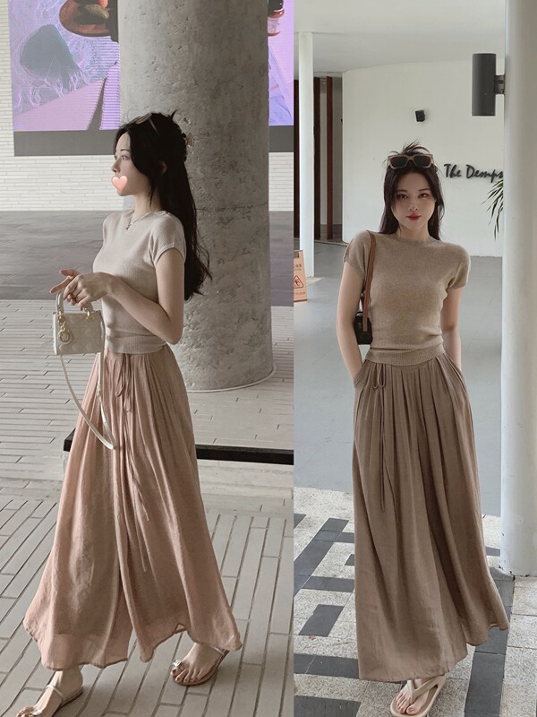 Short-Sleeved Top, Cotton and Linen Wide-Leg Pants, Skirt Suit for Women, Summer Knitted T-Shirt, Half Skirt, Culottes Two-Piece Set for Petite Women