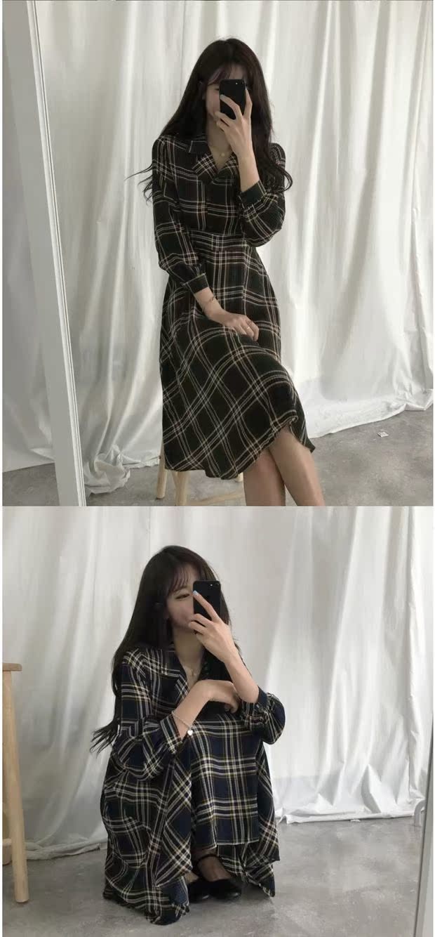 Hàn quốc chic retro kiểm tra phù hợp với cổ áo eo phần dài Hong Kong hương vị Một từ ăn mặc nữ đầu mùa thu mới hoang dã mẫu váy xòe đẹp
