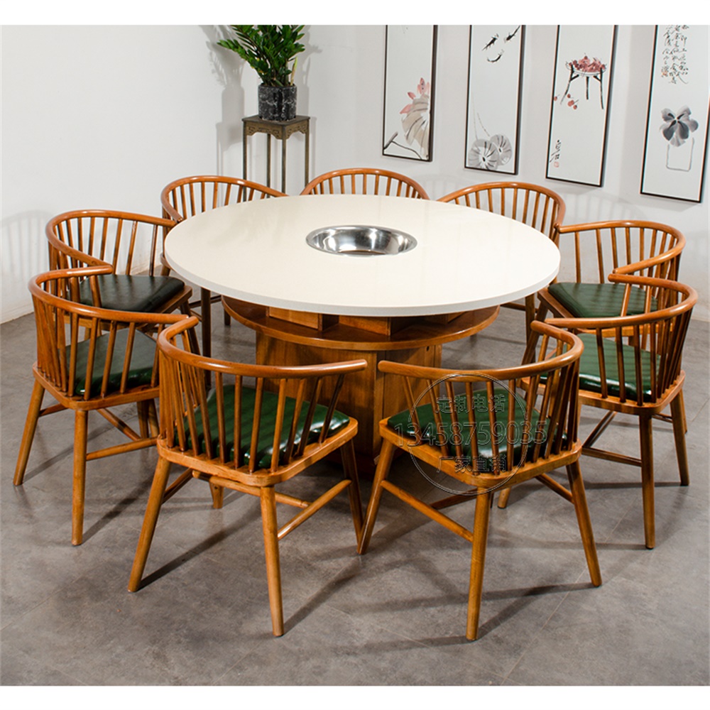 Round Full Marble Hotpot Table and chairs Combined fire boiler Shop Spicy Hot strings Casual Farm Commercial Restaurant Wood Custom