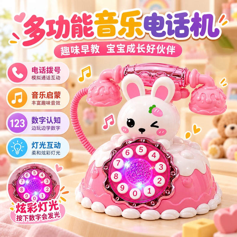 Children's Telephone Toy Simulates Dialing, Music, Lights, Early Education, Educational Puzzle, Baby Number Recognition, Birthday Gift Model