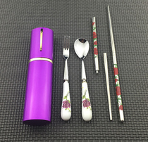 Exquisite ceramic handle stainless steel fork spoon chopsticks three-piece set of student tableware outdoor picnic environmental protection portable tableware