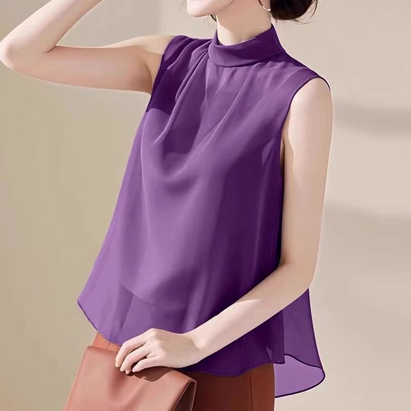 Sleeveless 2025 Solid Color Loose Shirt New Style Elegant Summer Chic Stand Collar Shirt Vest Simple Chiffon Shirt