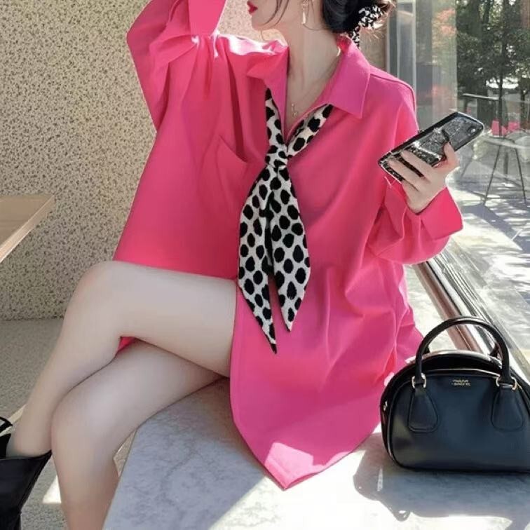 2025 New Style Shirt with Unique and Super Trendy Design, Rose Pink Shirt with Bow Tie, Long-Sleeved Top