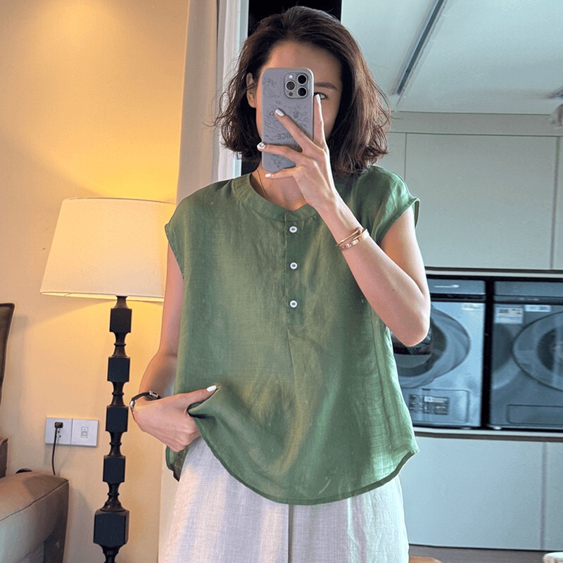 Green Linen Shirt for Women 2025 Summer New Style Loose Large Size Stylish Age-Reducing Casual Slimming Sleeveless Top
