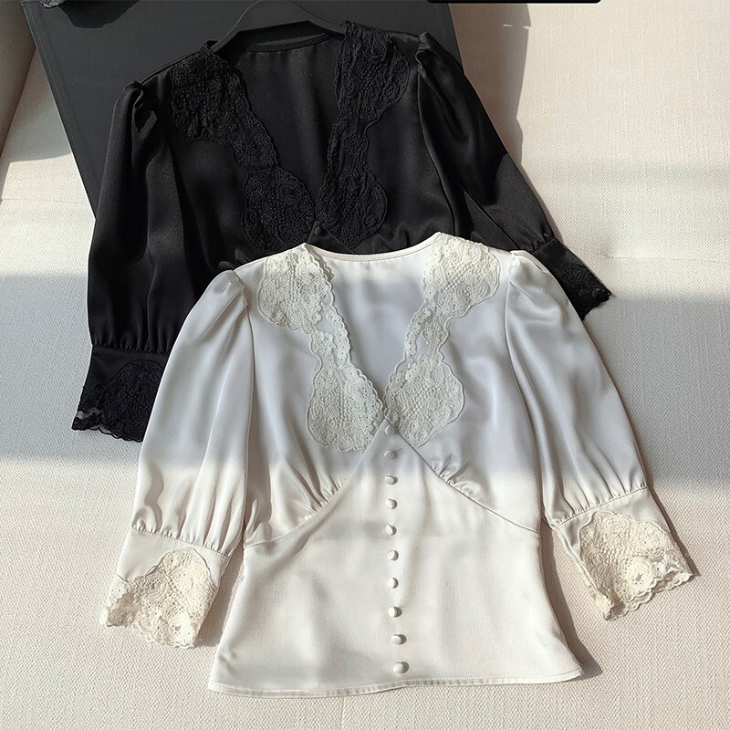 Acetate Puff Sleeve Waist-Cinching Lace Top, French Court Style Shirt, Satin Blouse, Elegant Blouse, Sexy and Mature