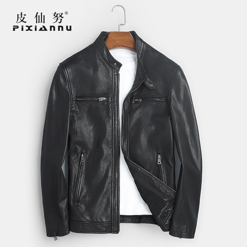 Haining trend new leather leather jacket men's sheepskin short stand collar handsome motorcycle leather jacket jacket spring and autumn
