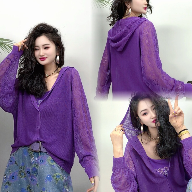 [Yihuo Luoluo] Summer Hooded Fashionable Loose Knit Cardigan for Women, Versatile and Stylish Sun Protection Outerwear-8866