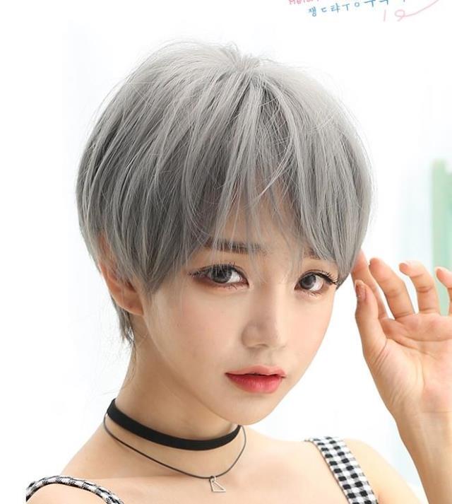 Handsome Wig for Girls, Short Hair, Short Straight Hair, Air Bangs, Natural Black, Brown, Granny Gray Wig, New Style