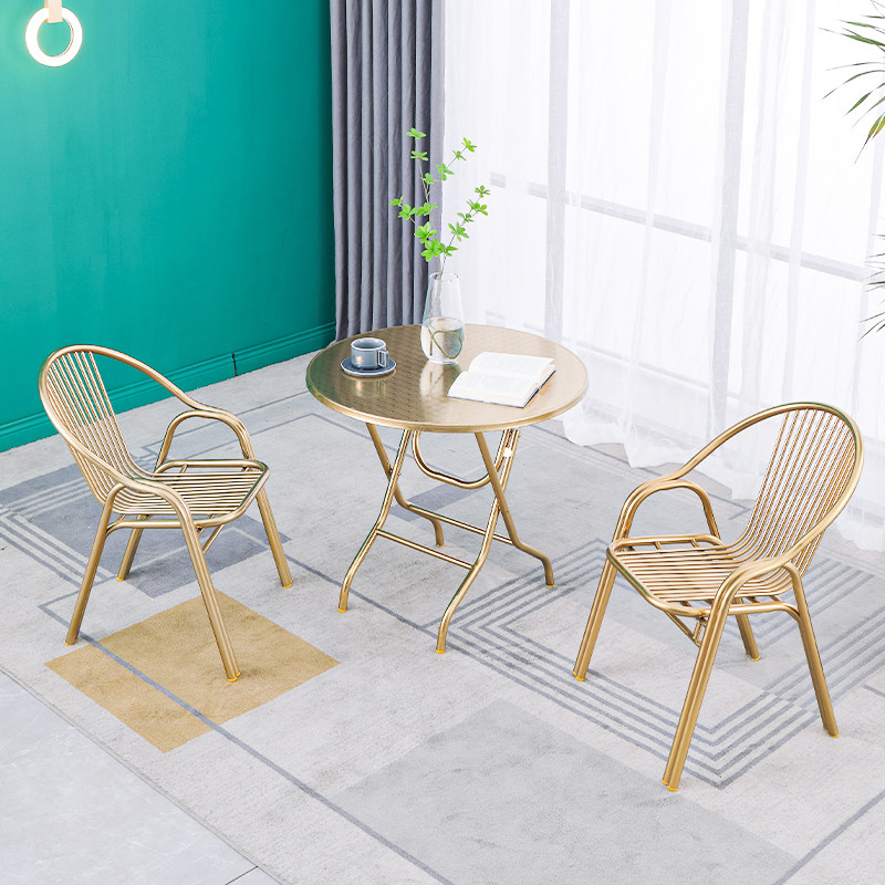 Stainless steel table and chairs outdoor balcony folding table net red leisure backrest dining chair three-piece coffee milk tea shop