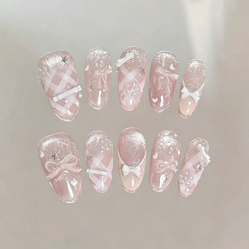 Pure Desire Three-Dimensional Bow Cat-Eye Pink Plaid French Sweet Girly High-End Handmade Brightening Atmosphere Nail Art Pure Desire Three-Dimensional Bow Cat-Eye Pink Plaid French Sweet Girly High-End Handmade Brightening Atmosphere Nail Art