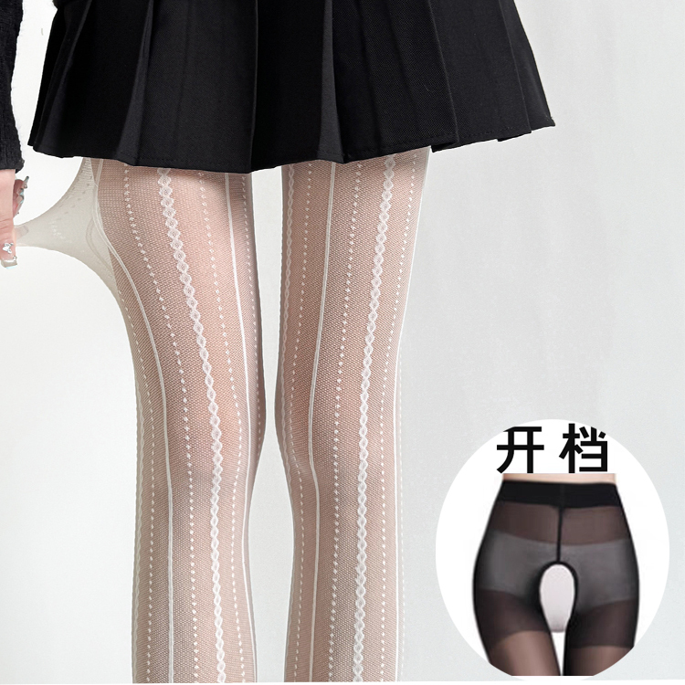 New Jacquard Open-Crotch Vertical Striped Stockings, Spring and Autumn Lace Retro Jacquard Sexy Sheer Pantyhose