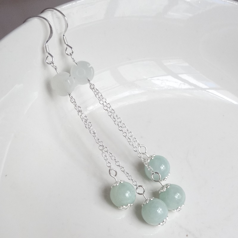 The beauty of the natural emerald A - wang business rich pale green jade ear crash S990 pure silver jade earring new tide