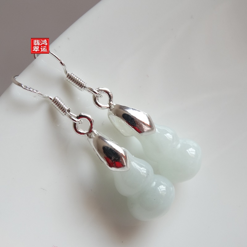 Natural Burmese jadeite A goods recruit Bafang wealth prosperous business gourd jade earrings earrings 925 sterling silver ear hook earrings ear pin