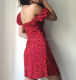 INS net red style super beautiful red retro low-cut strappy print waist puff sleeve dress A-line skirt holiday skirt