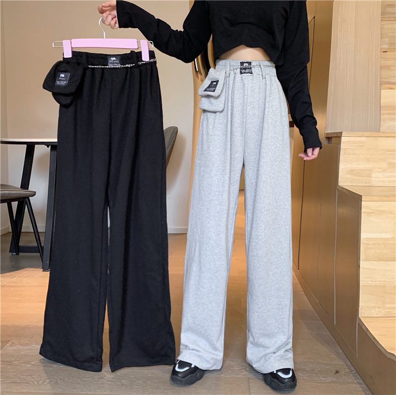 Spring new style high waist straight tube drop feeling adjustable legged sports pants women's wide leg casual pants bag