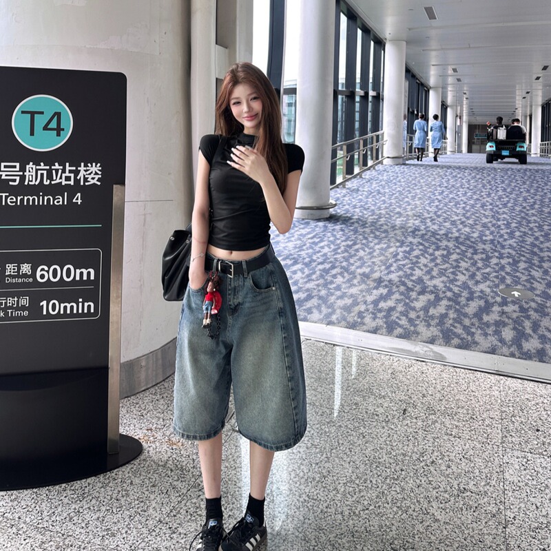 Summer Basic Stretchy Short-Sleeve T-Shirt for Women, High-Waisted Loose Mid-Length Jeans Shorts