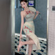 Kalan Yuqi~2023 new improved cheongsam young style printed slit slim mid-length suspender dress