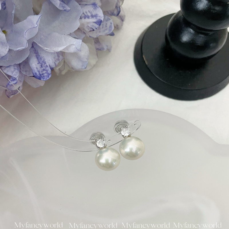 Natural Edison Large Pearl Clip-On Earrings, No Piercing Required, Classic Princess Diana Style, Single Diamond, High-End Feel, Pure Silver Earrings