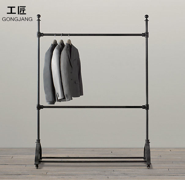 European and American style iron art clothes hat rack with wheel movable clothing display rack lifting frame landing brief bedroom hanging clothes hanger
