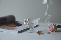 Lovely French vintage elegant embossed carved heavy glass high foot ice cream bowl Jewelry storage