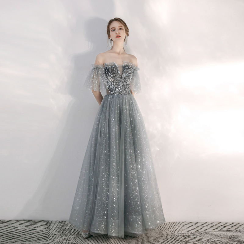 Evening dress female 2022 new summer toast dress bride engagement banquet temperament bridesmaid gray long dress host small - Taobao