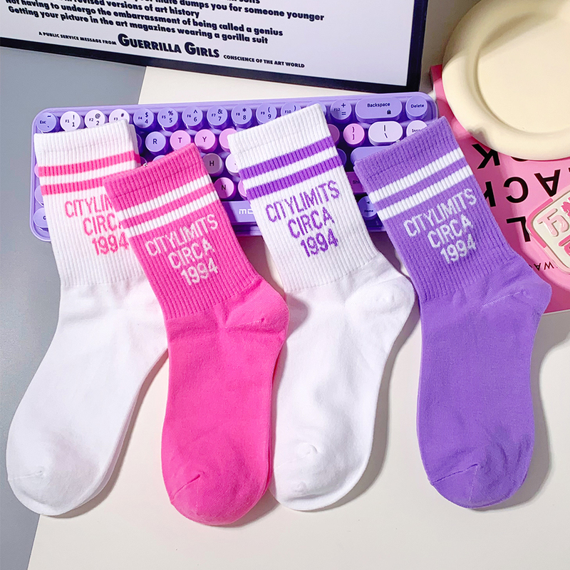 Trendy Socks for Women, Japanese Style, Two-Striped, Korean Version, Purple Long Socks, Taro Purple, Rose Pink, Ins-Style, Sports Mid-Calf Socks for Men