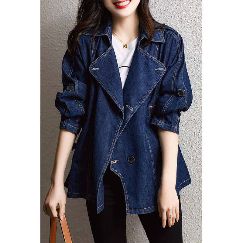 Two-Way Sleeve Cape-Style Loose Fit Slimming Waist-Cinching Early Spring Denim Jacket Autumn Women's Niche Denim Trench Coat Mid-Length