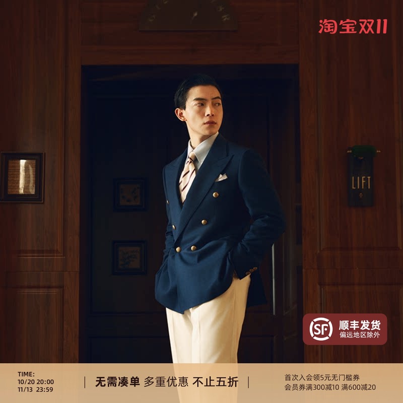 【100% Wool】Flat Round Square Mid-Length Blazer Suit with Gold Buttons, Double-Breasted Men's Navy Blue Single Blazer Jacket