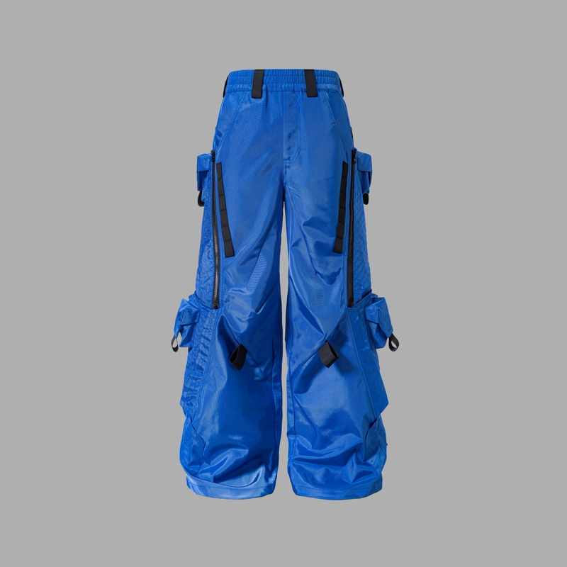 Vanguardia Avant-Garde Functional Niche Design Blue Nylon Warp-Speed Cruise Multi-Pocket Loose Cargo Pants