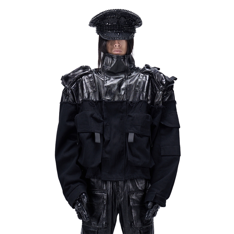 Vanguardia Exoskeleton Avant-Garde Designer Heavy-Duty Patchwork Coated Multi-Pocket Functional Short Jacket for Men