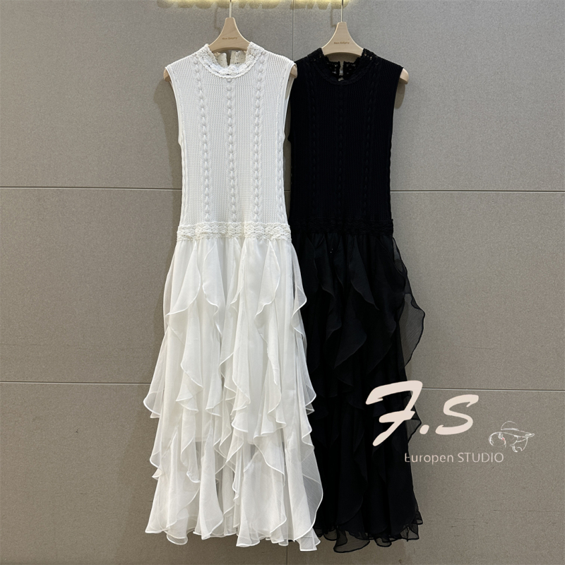 Little Fairy Lotus Leaf A-Line Skirt Crochet Knit Sleeveless Dress European Style Summer New Patchwork Tank Dress for Women