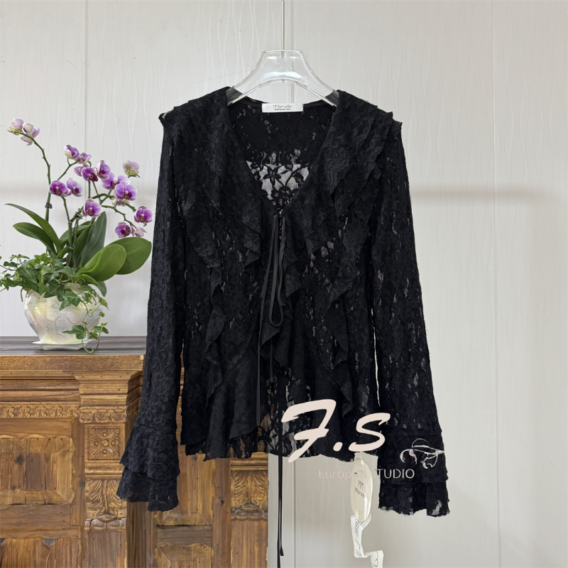 Trendy Design Slightly Sheer Layered Long-Sleeve Lace Shirt European Style Spring/Summer New Ruffle Collar Crochet Texture Shirt