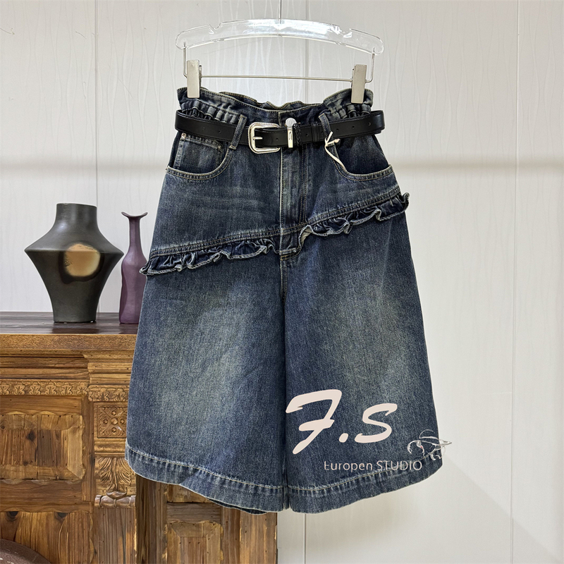 Hong Kong Style Trendy Lace Belt Paired with Denim Capri Pants, European Summer New Arrivals, Stylish and Cool Slimming Straight-Leg Pants
