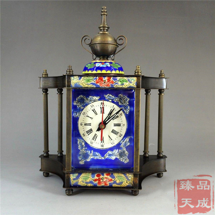 Pure copper vintage winding cloisonné blue enamel color mechanical grandfather clock Western watch film and television props collection