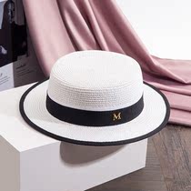 Japanese flat-top hat spring summer hat England white straw hat beach sun hat