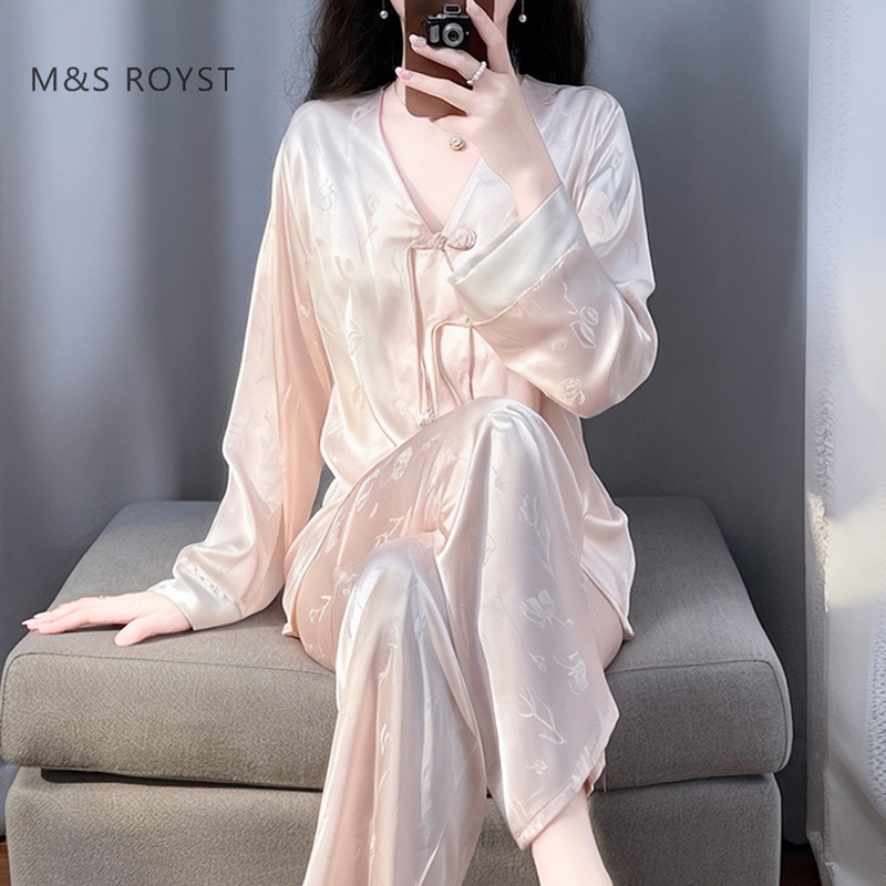 Victoria Water Silk Pajamas for Women 2026 New Summer Chinese Style Long Sleeve Homewear Pink Ice Silk Set