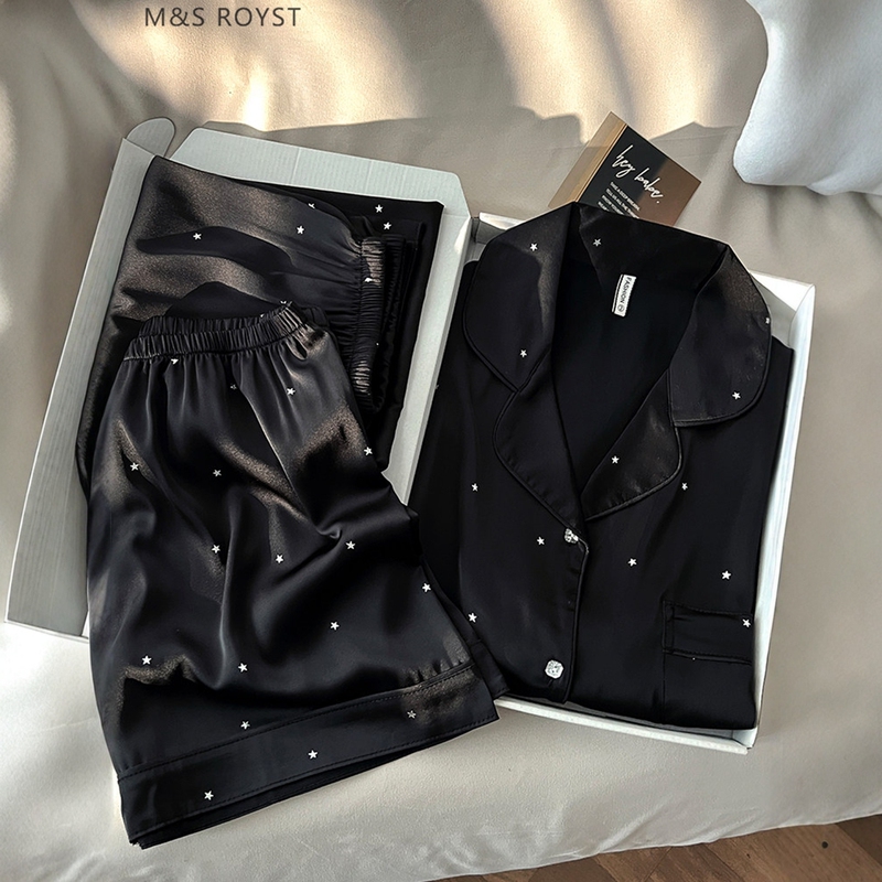 Victoria Silk Pajamas for Women 2026 New Summer High-End Black Satin Silk Star Pattern Can Be Worn Outside Three-Piece Set