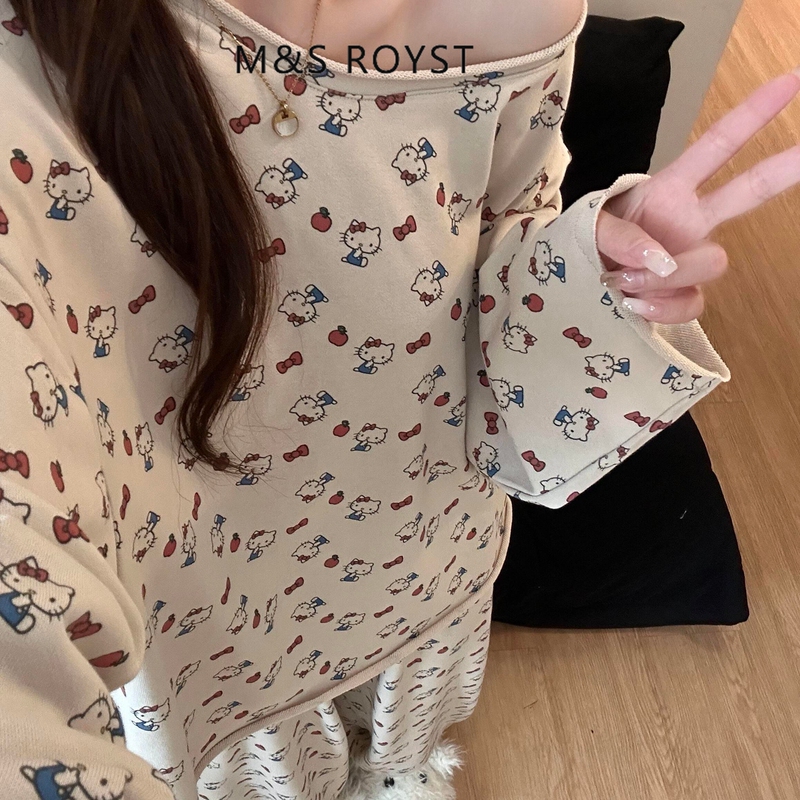 Victoria Pure Cotton Pajamas for Women 2026 New Spring and Autumn Cute Printed Off-Shoulder Can Be Worn Outside Home Wear Set