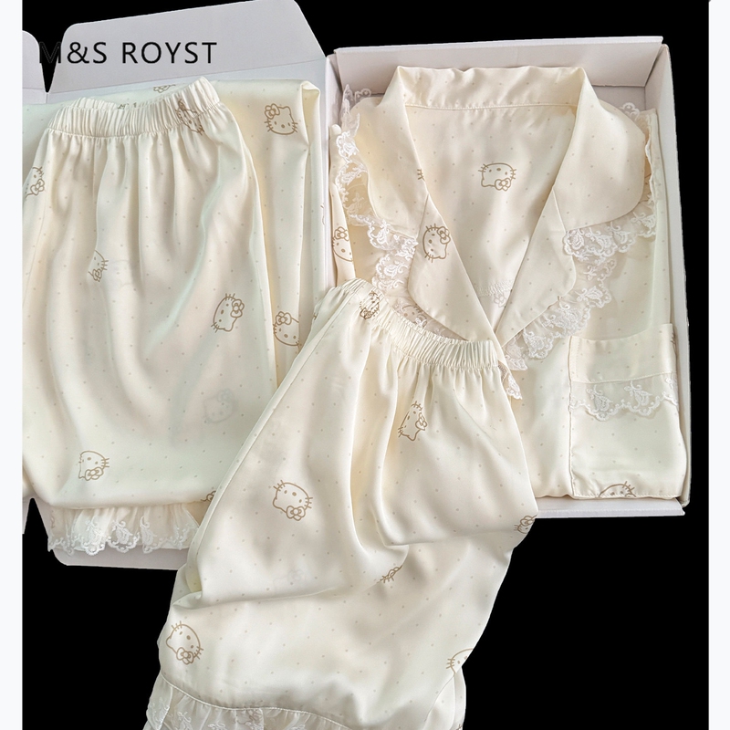 Victoria Silk Pajamas for Women 2026 New Summer Sweet and Cute Lace Trim Loungewear Three-Piece Set