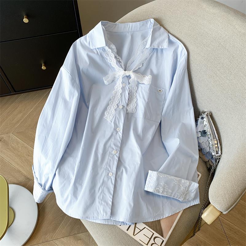 French Lace Splicing Design Blue Shirt, Elegant and Age-Reducing Top, 2025 New Popular Spring White Shirt